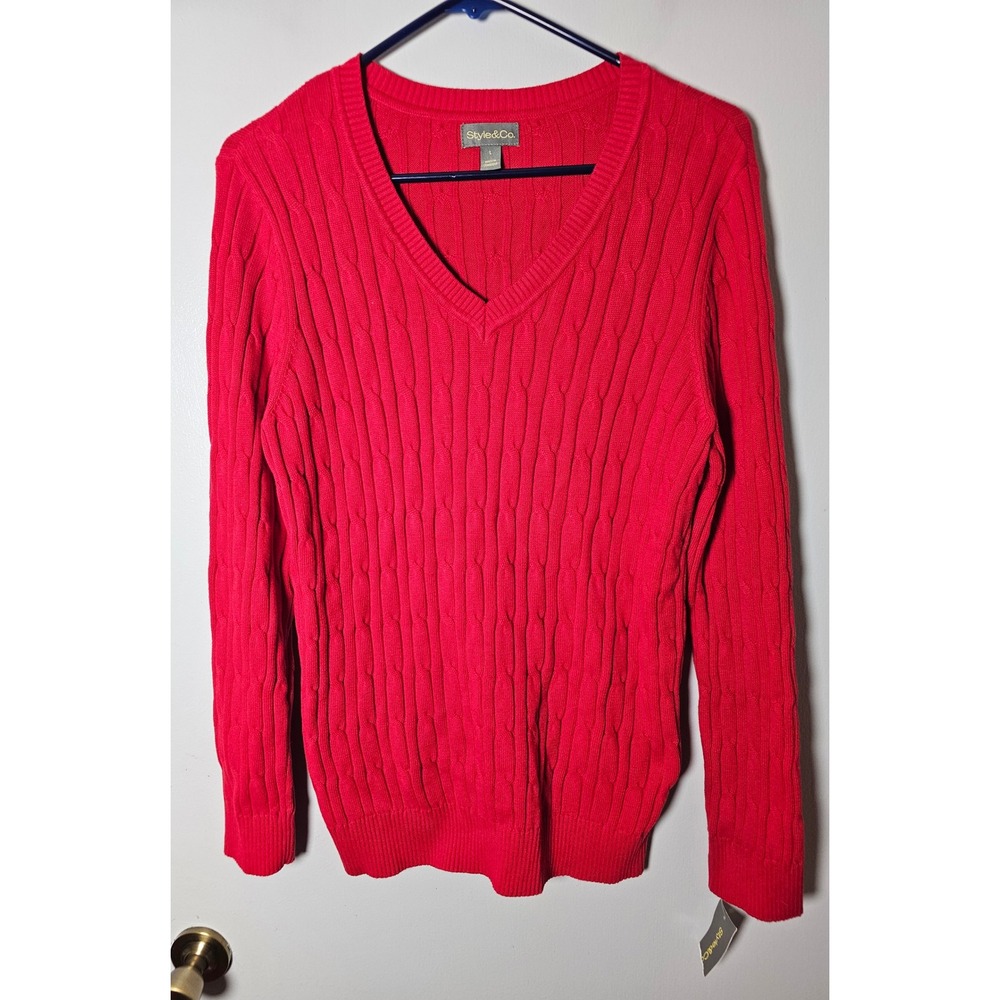 Style & Co Women Red Cable Knit V-Neck Cotton Sweater Size Large NWT
